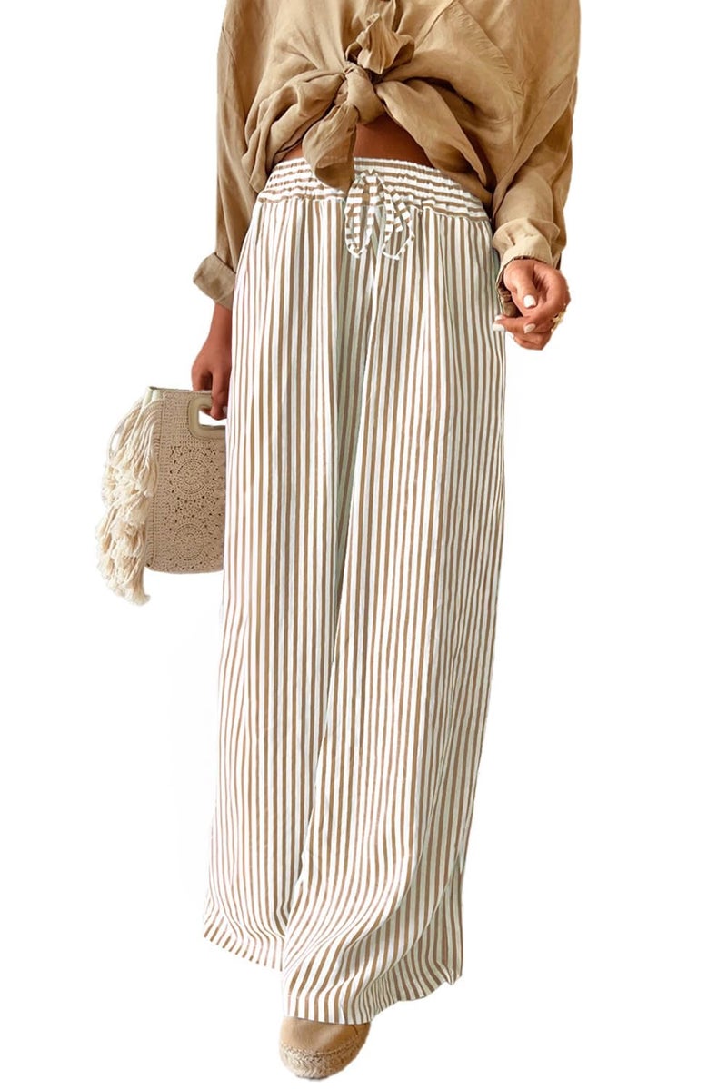 LOMON Striped Pants Women 2026 Spring Summer Pajamas Cute Wide Leg Pj Lounge Boxer Bottoms Palazzo Drawstring Y2k Trousers with Pockets (Apricot Strips, L) - Image 1