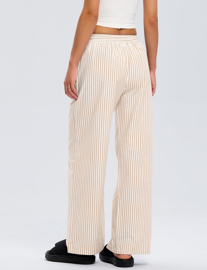 LOMON Striped Pants Women 2026 Spring Summer Pajamas Cute Wide Leg Pj Lounge Boxer Bottoms Palazzo Drawstring Y2k Trousers with Pockets (Apricot Strips, L) - Image 5