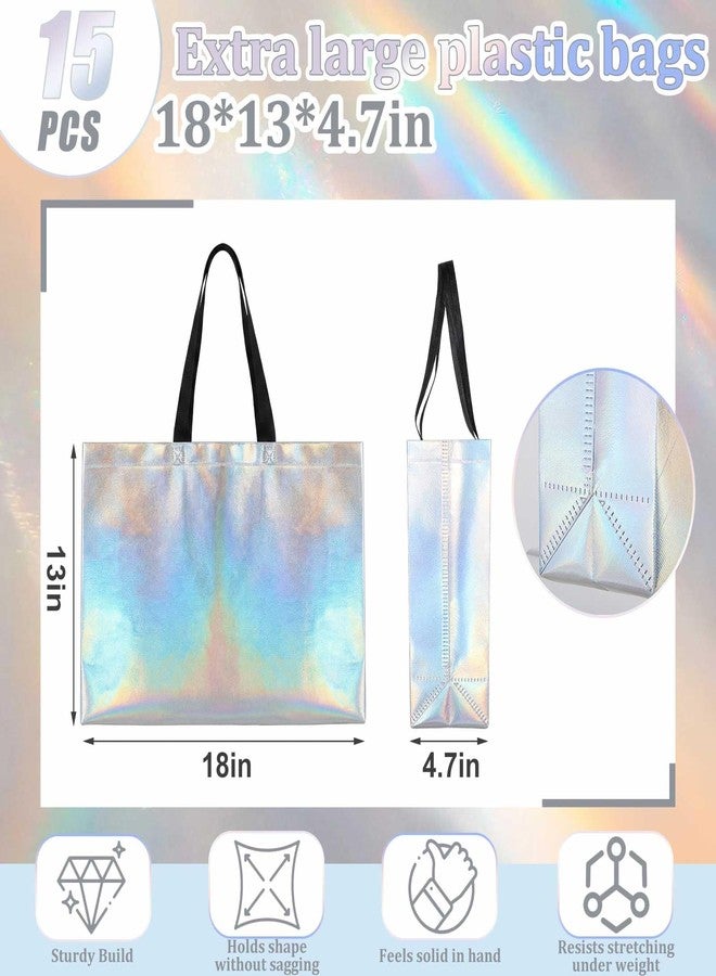 Hsei 15 Pcs 18 x 13 x 4.7in Extra Large Sliver Gift Bags with Handles, Reusable Holographic Gift Bags Bulk Waterproof Metallic Iridescent Tote Bag - Image 2