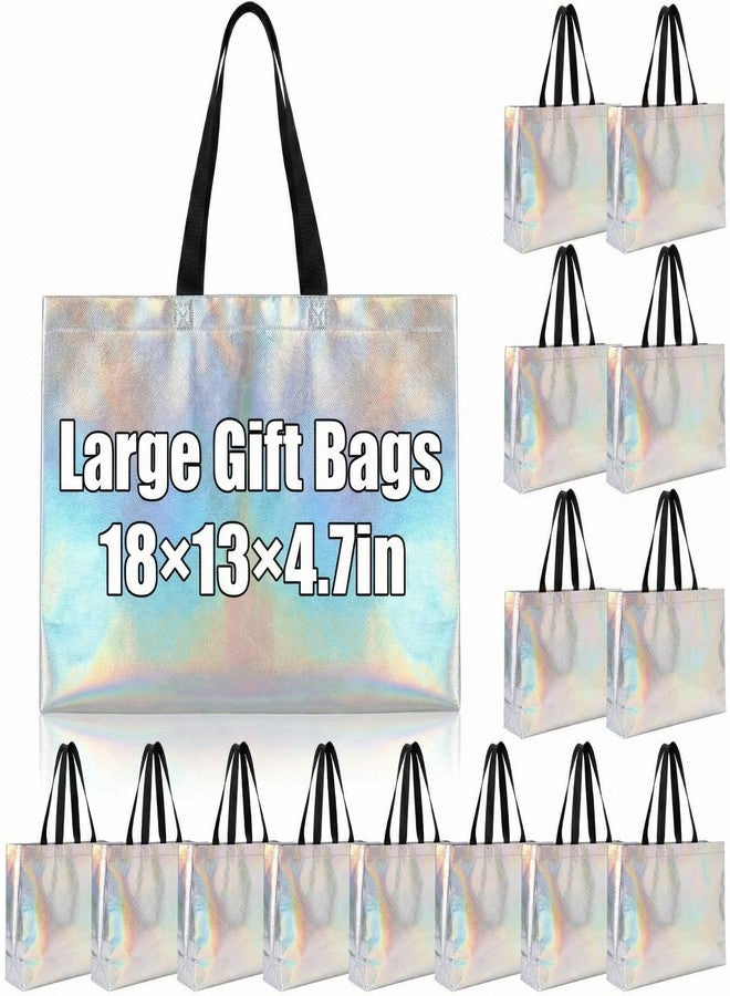 Hsei 15 Pcs 18 x 13 x 4.7in Extra Large Sliver Gift Bags with Handles, Reusable Holographic Gift Bags Bulk Waterproof Metallic Iridescent Tote Bag - Image 1