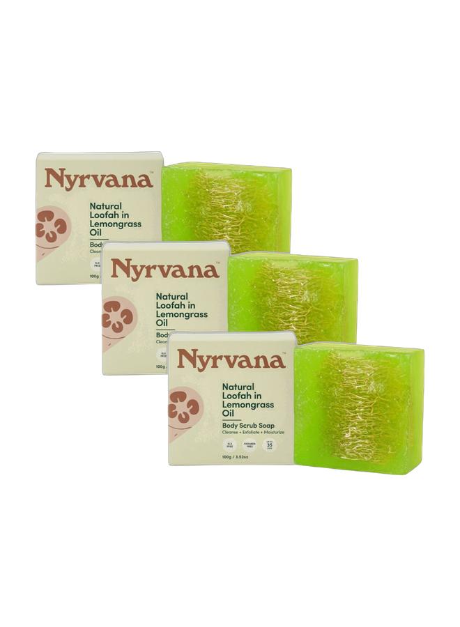 Nyrvana Natural Loofah in Lemongrass Oil Soap | Pack of 3 x 100g (3.52 oz) | 2-in-1 Cleanse & Exfoliate | Purifying & Refreshing | Natural Face & Body Soap for All Skin Types - Image 1
