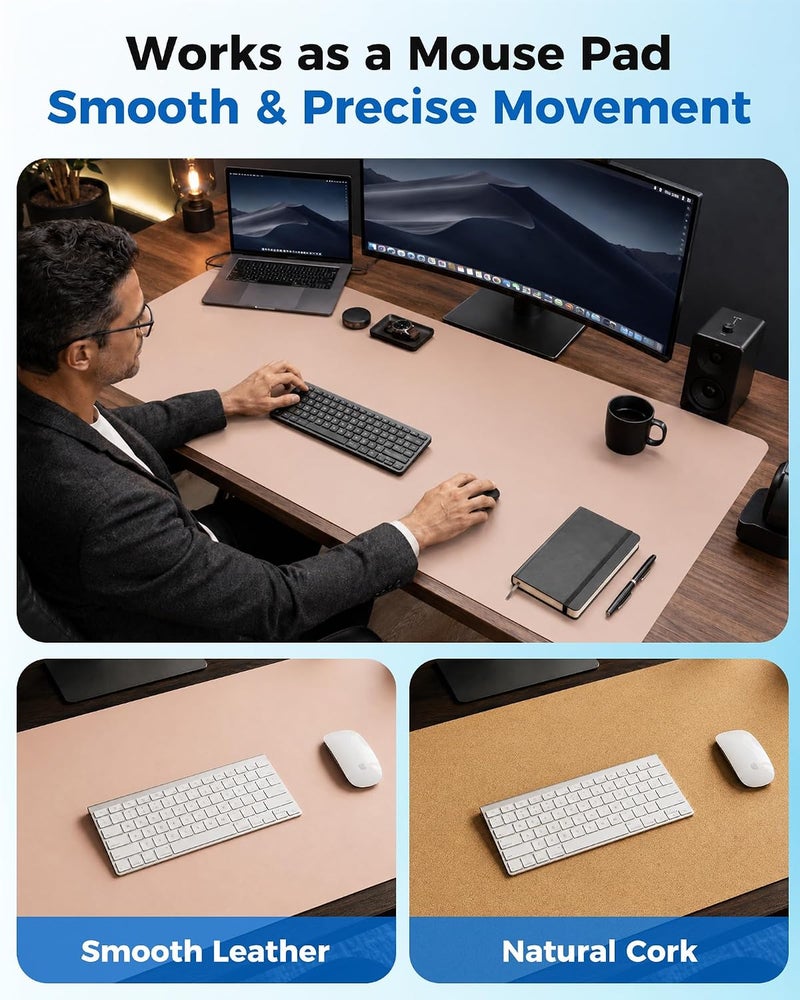 Aothia Double-Sided Desk Pad – 37.8"x17" Leather Desk Mat with Eco Cork Protector, Large Mouse Pad, Waterproof Desk Blotter for Office/Home (Pink) - Image 3