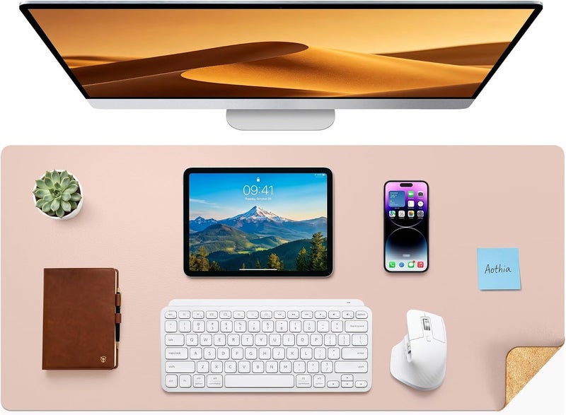 Aothia Double-Sided Desk Pad – 37.8"x17" Leather Desk Mat with Eco Cork Protector, Large Mouse Pad, Waterproof Desk Blotter for Office/Home (Pink) - Image 1