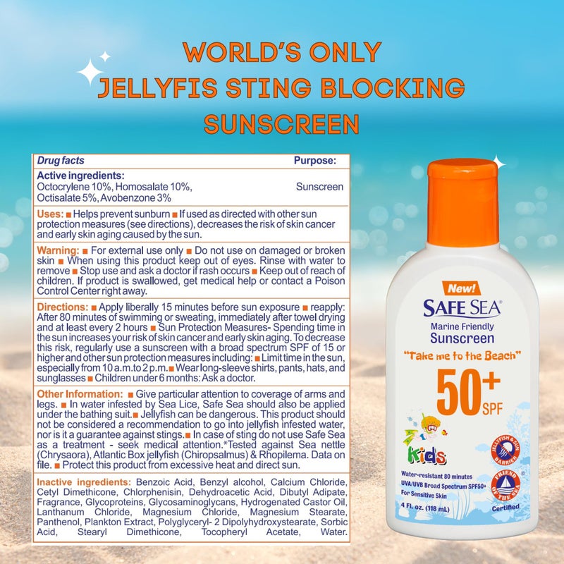 Safe Sea Jellyfish Sting-Blocking Sunscreen for Kids, SPF 50+ Lotion 4oz, Waterproof, Biodegradable, Coral Reef-Safe â€“ Body and Face Sunscreen, Anti-Jellyfish and Sea-Lice sting protection. - Image 1