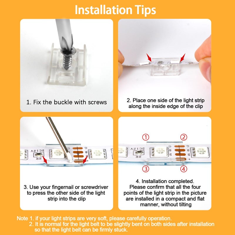 VIPMOON 100pcs Clear 10mm LED Strip Light Mounting Clips 10mm Width Holders and 100pcs Compatible Stainless Steel Phillips Screws Mounting Brackets for Waterproof or Non-Waterproof 3528 5050 5630 - Image 4