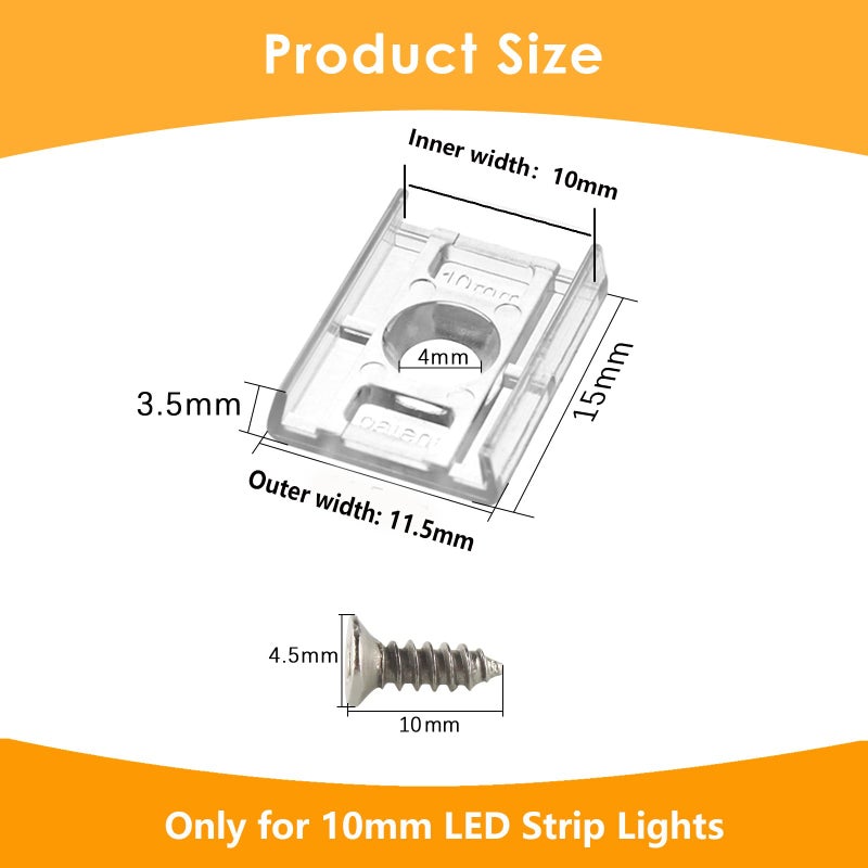 VIPMOON 100pcs Clear 10mm LED Strip Light Mounting Clips 10mm Width Holders and 100pcs Compatible Stainless Steel Phillips Screws Mounting Brackets for Waterproof or Non-Waterproof 3528 5050 5630 - Image 3
