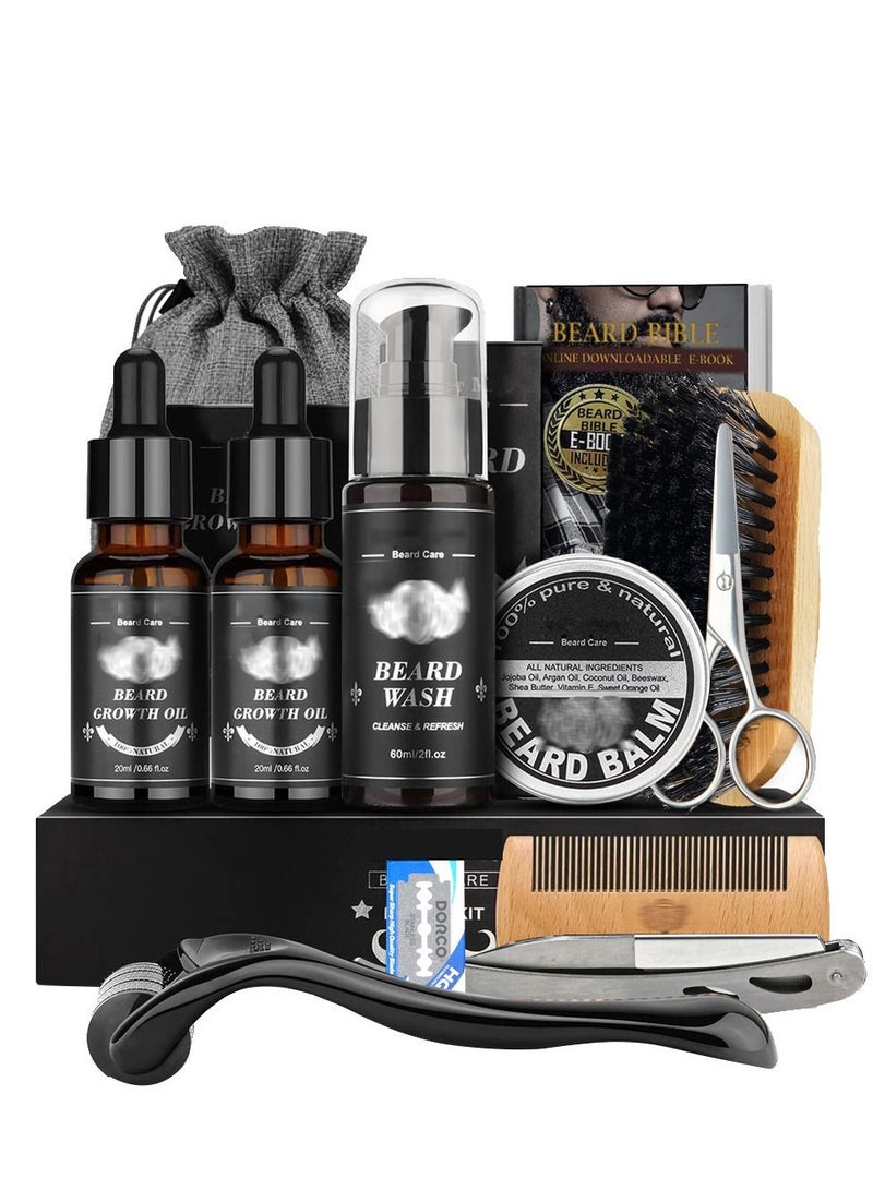Beard OIL Beard Growth Kit, Beard Roller Kit, Natural Beard Growth Oil for Patchy Beard, Beard & Mustache Facial Hair Growth, Beard Oil, Beard Balm, Beard Roller, Brush, Comb, Storage Bag, Gifts for Men - Image 2