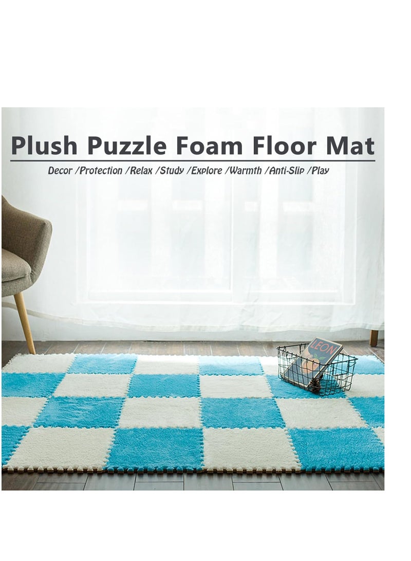 A.M Pack of 10/20 Interlocking Foam Carpet Tiles, 30 x 30 cm Plush Puzzle Foam Floor Mat with Edge for Living Room/Bedroom (10 Pieces Blue + 10 Pieces White) - Image 4