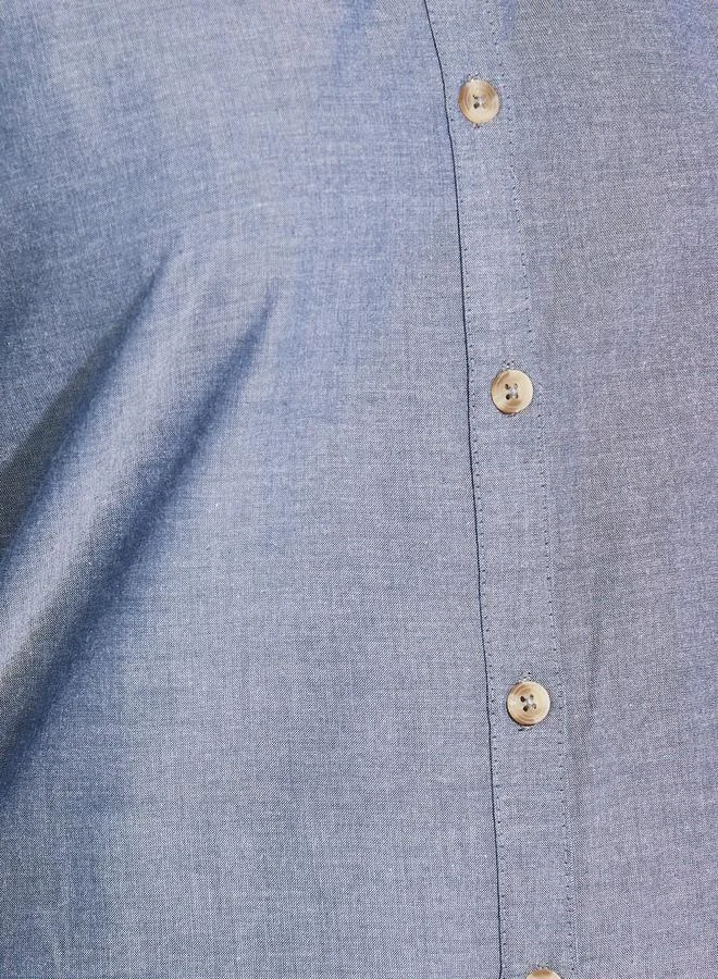 Styli Solid Cotton Chambray Stand Collar Shirt