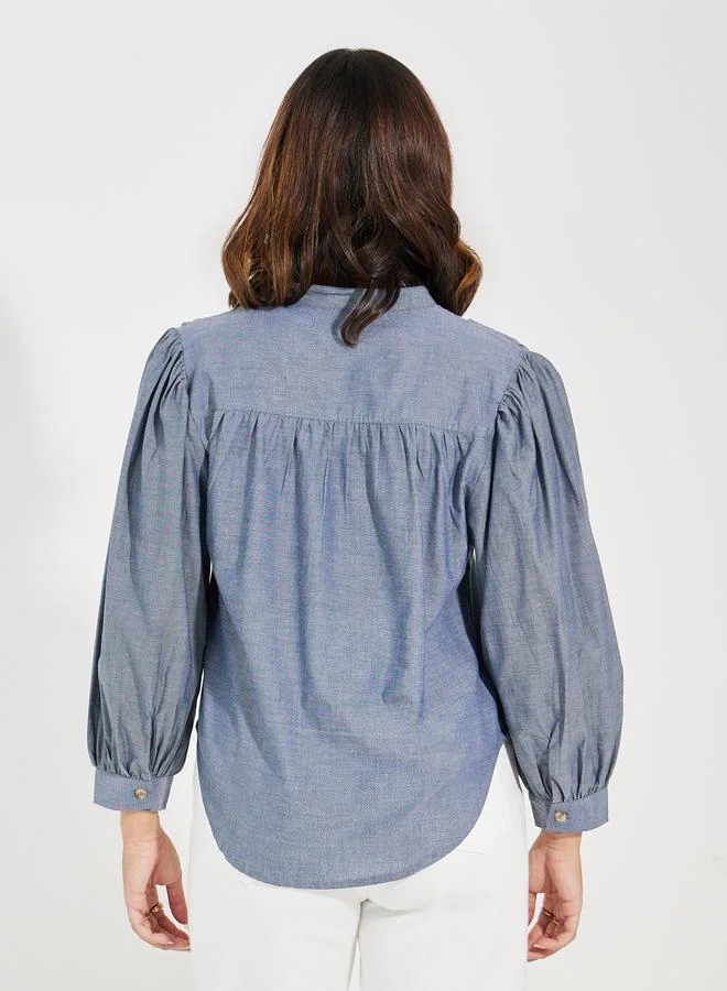 Styli Solid Cotton Chambray Stand Collar Shirt