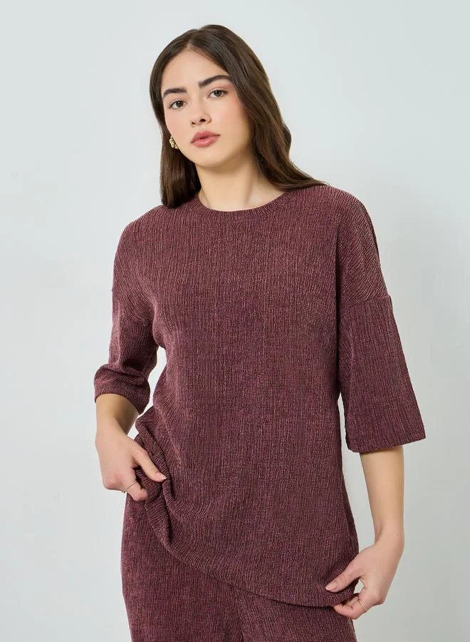 Styli Burgundy Oversized Textured Knit Top