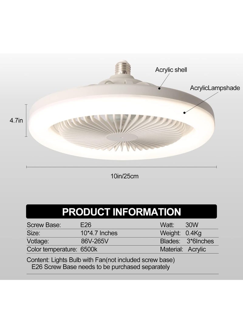Generic - 10in Bladeless Fan Bulb E26 Enclosed Socket Ceiling Fans with Light Dimmable 3 Wind Speeds 3 Light Remote Flush Mount Mini Chandelier for Garage Utility Room Tool Room Camping (White) - Image 1