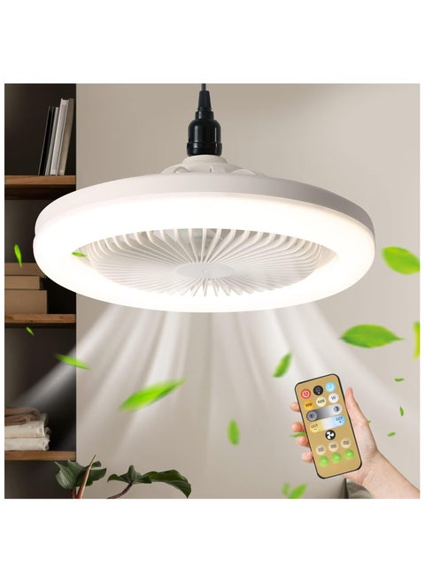 10in Bladeless Fan Bulb E26 Enclosed Socket Ceiling Fans with Light Dimmable 3 Wind Speeds 3 Light Remote Flush Mount Mini Chandelier for Garage Utility Room Tool Room Camping (White)