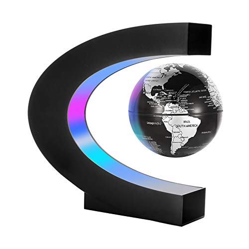 Gresus Magnetic Levitation Floating World Map Globe, C Shape Base with LED Lights, Great Fathers Students Teacher Business Boyfriend Birthday Gift for Desk Decoration （Black) (Globe doesn't light up) - Image 1