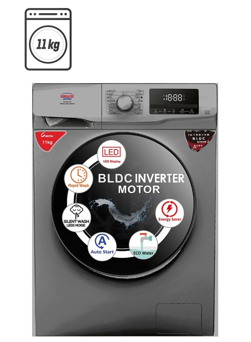 Generaltec Fully Automatic Washing Machine - 11KG 15 Programs Front Load Washing Machine, 1200 RPM, BLDC Inverter Motor, Digital LCD Display, Child Lock,  Model No- GWF11T14DD, Grey Color