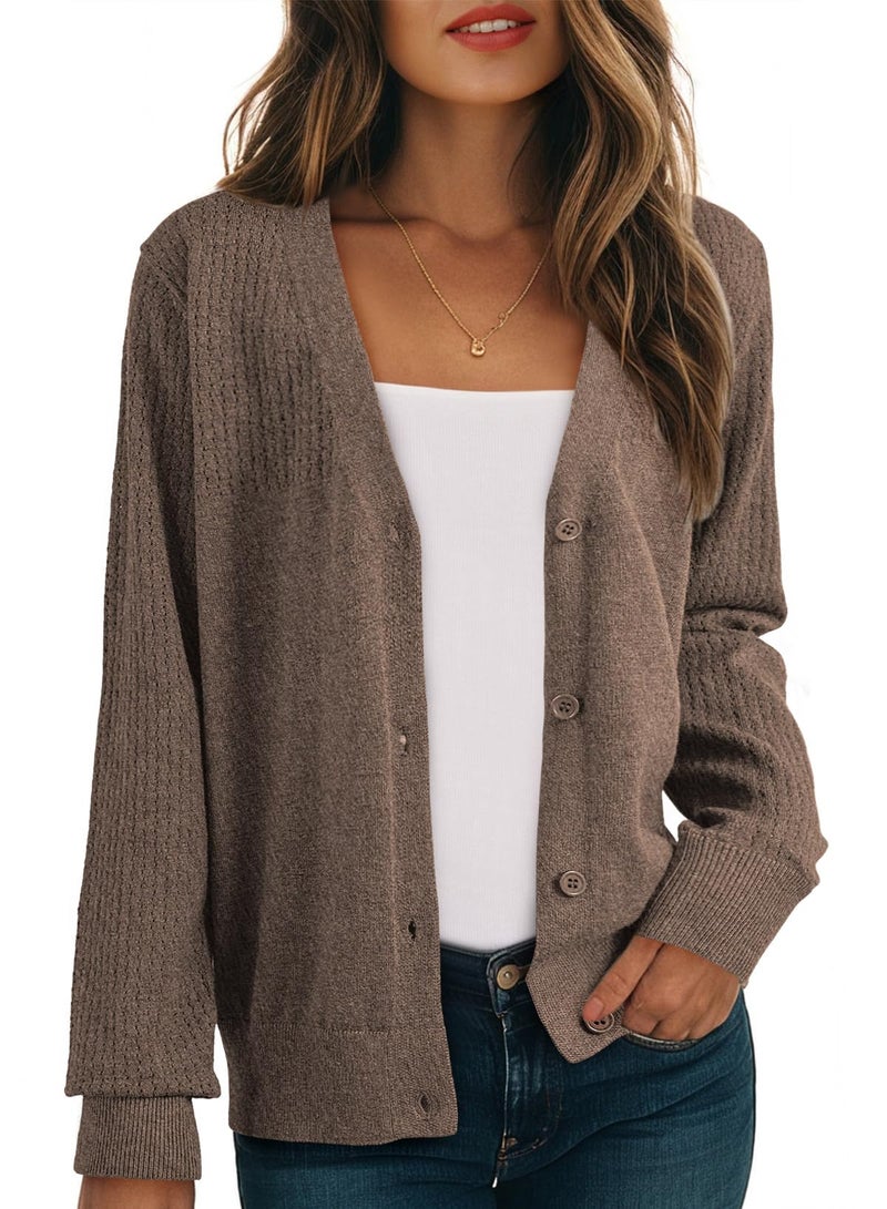 Dokotoo Cardigan Sweaters for Women Wool Blend Chocolate Brown Fall Clothes Casual Winter Clothing for Women Outfits V Neck Long Sleeve Button Up Hollow Out Cardigans Sweater Tops L - Image 1