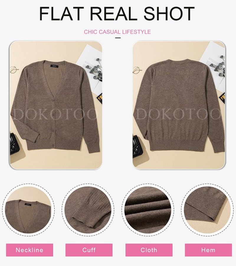 Dokotoo Cardigan Sweaters for Women Wool Blend Chocolate Brown Fall Clothes Casual Winter Clothing for Women Outfits V Neck Long Sleeve Button Up Hollow Out Cardigans Sweater Tops L - Image 3