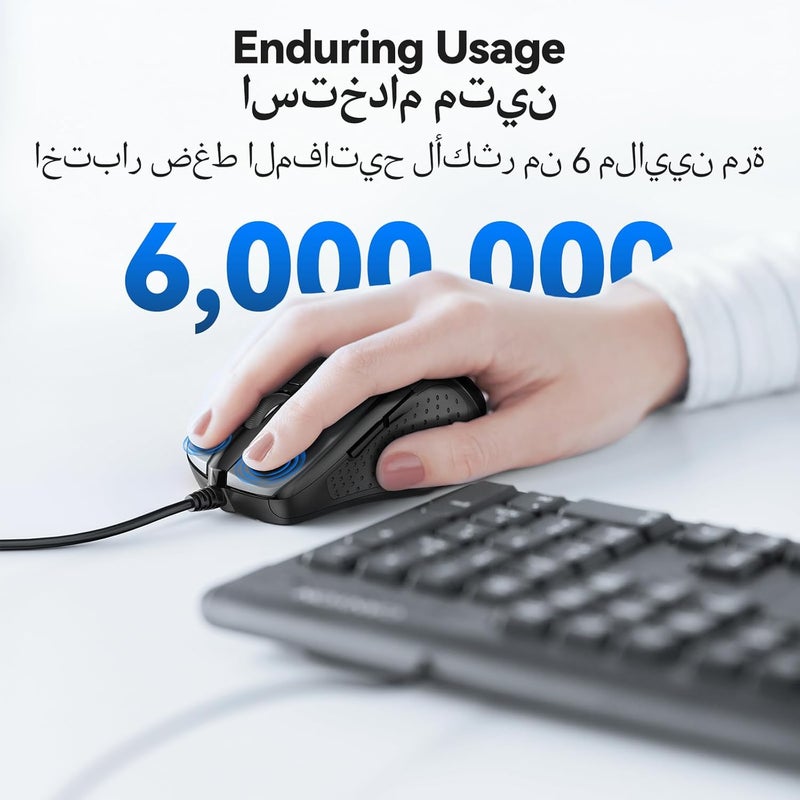 TECKNET USB Wired Mouse, 6400 DPI Mice 4 Adjustable DPI with 6-Button Corded, Optical Computer Mouse with Ergonomic Design for Laptop, Chromebook, PC, Desktop, Mac, Notebook,Gray-Black - Image 5