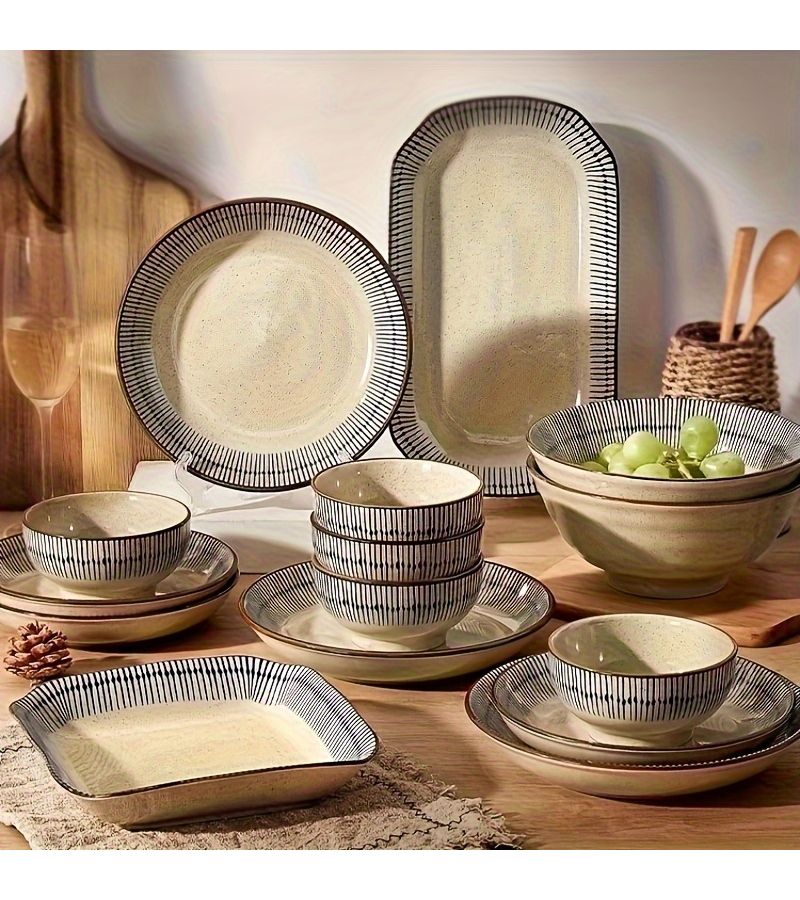 6 Pcs Japanese Retro Hand Painted Ceramic Tableware Set Classic Blue White Brown Color Scheme Bowls Plates Spoons Rice Salad Soup Home Restaurant - Image 1