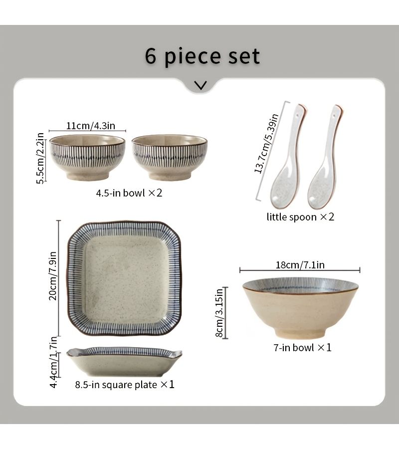6 Pcs Japanese Retro Hand Painted Ceramic Tableware Set Classic Blue White Brown Color Scheme Bowls Plates Spoons Rice Salad Soup Home Restaurant - Image 3