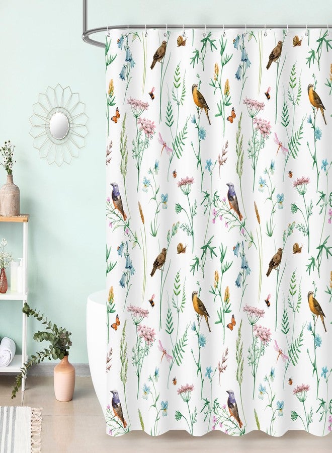 Litabel Green Cute Floral Shower Curtain, Watercolor Birds, Butterflies, Snails & Flower Design Shower Curtains for Chic Bathroom, Nature-Inspired Garden Fabric Shower Curtain, 72 x 72 - Image 1