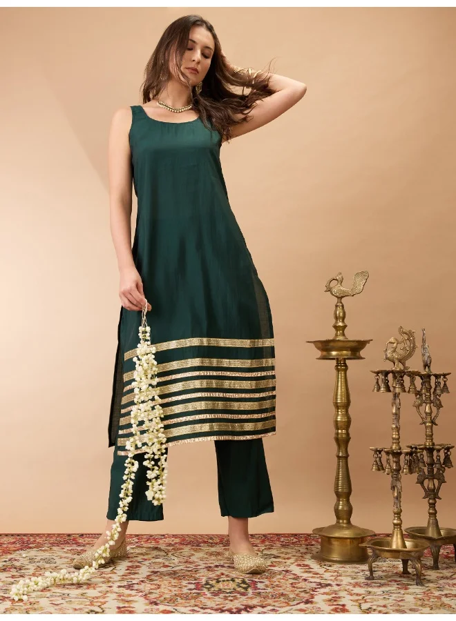 globus Globus Women Green Sleeveless Round Neck Gotta Lace hem Straight Kurta With Pant Festive Set
