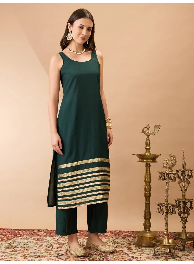 globus Globus Women Green Sleeveless Round Neck Gotta Lace hem Straight Kurta With Pant Festive Set