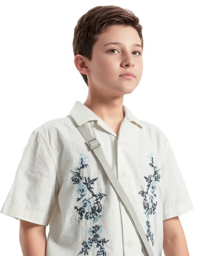 رير ونز Rare Ones Kids Mila Light Beige Cotton Half Sleeve Embroidered Button Closure Regular Fit Shirt
