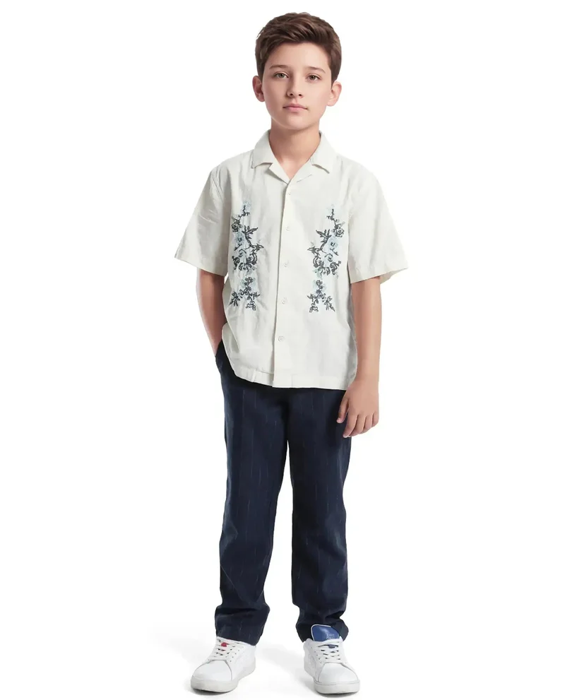 رير ونز Rare Ones Kids Mila Light Beige Cotton Half Sleeve Embroidered Button Closure Regular Fit Shirt