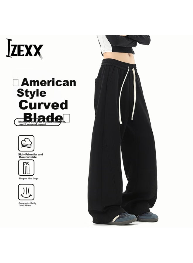 Izexx American Style Heavyweight Loose Fit Wide Leg Straight Cut Casual Sweatpants For Men Spring Black 3XL - Image 1