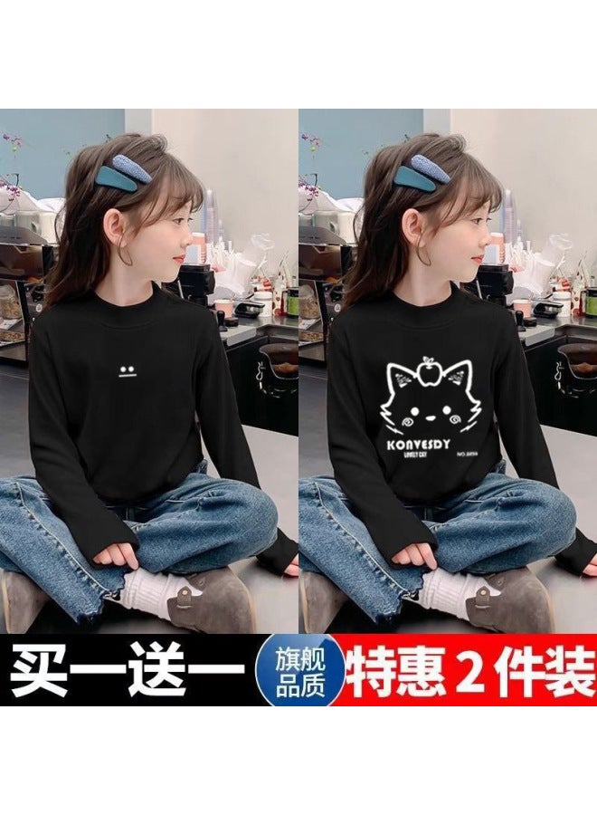 Girls' Double-sided Velvet Long-sleeved T-shirt New Medium And Large Children's Outer Wear Pullover Half Turtleneck Warm Base Layer Shirt
