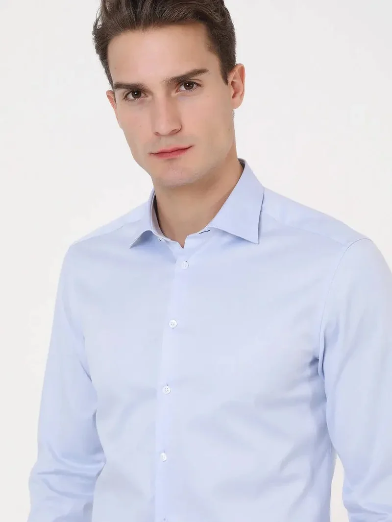 Kip Blue Plain Slim Fit Weaving Classical 100% Cotton Shirt