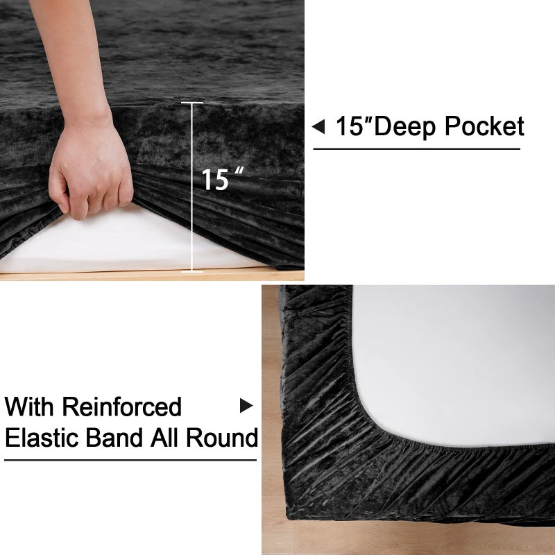 بي أتش إف PHF حقا مخملية مخملية ورقة كاليفورنيا كينغ الحجم 1 فاخر سوبر ناعم ناعم مريح القاع مع 15 "" جيب عميق مناسبة لفصل الشتاء والربيع لا وسادة الأسود - Image 4