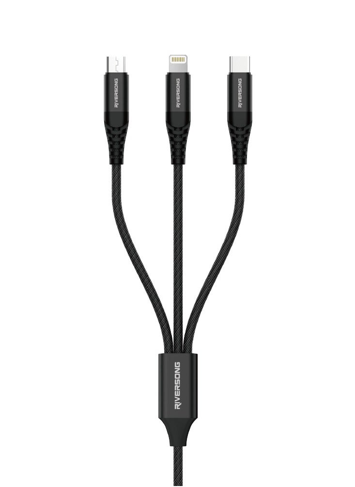 RIVERSONG RIVERSONG Type-A To 3-1 (Lightning, Type-C & Micro) Nylon Braided Fast Charging Cable, 1M, Black  - Image 1