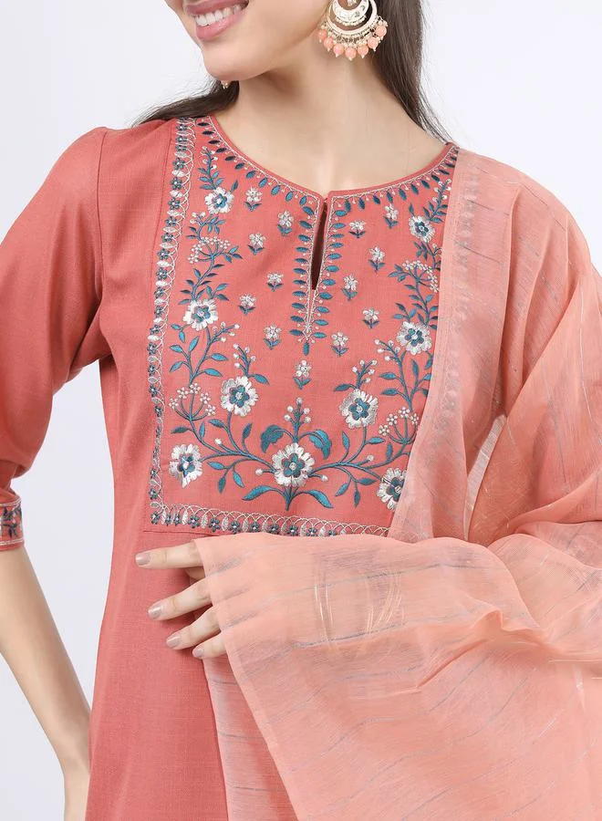 Ketch Floral Embroidered Straight Kurta and Palazzo with Dupatta Set by Styli