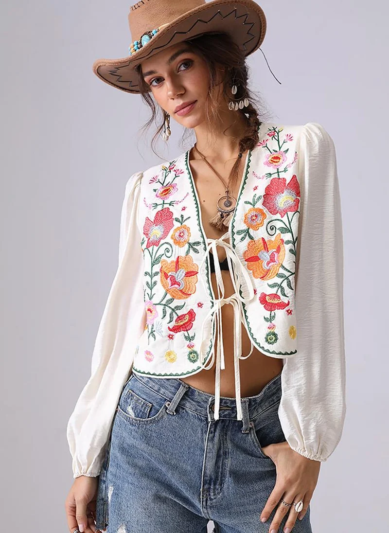 يونيكي Off White V-Neck Long Sleeves Vest Top