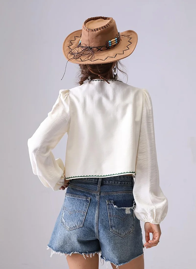 يونيكي Off White V-Neck Long Sleeves Vest Top