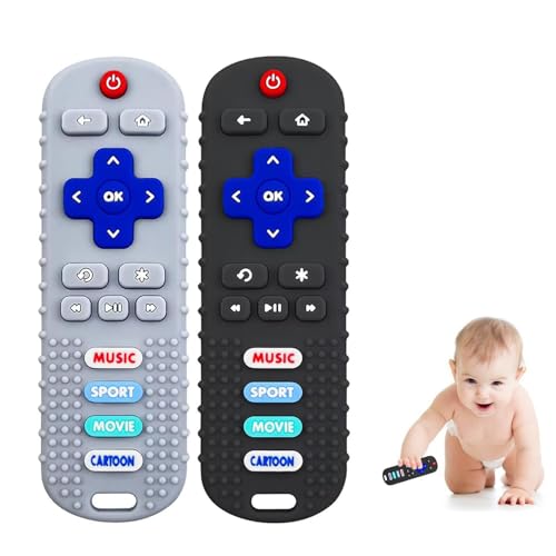 SOLIFEGOBLE 2-Pack Baby Remote Control Teether Toy for Babies 0-18 Months Silicone Infant Teething Toys Boys Girls Infants Teething Toys (Black + Gray) - Image 1
