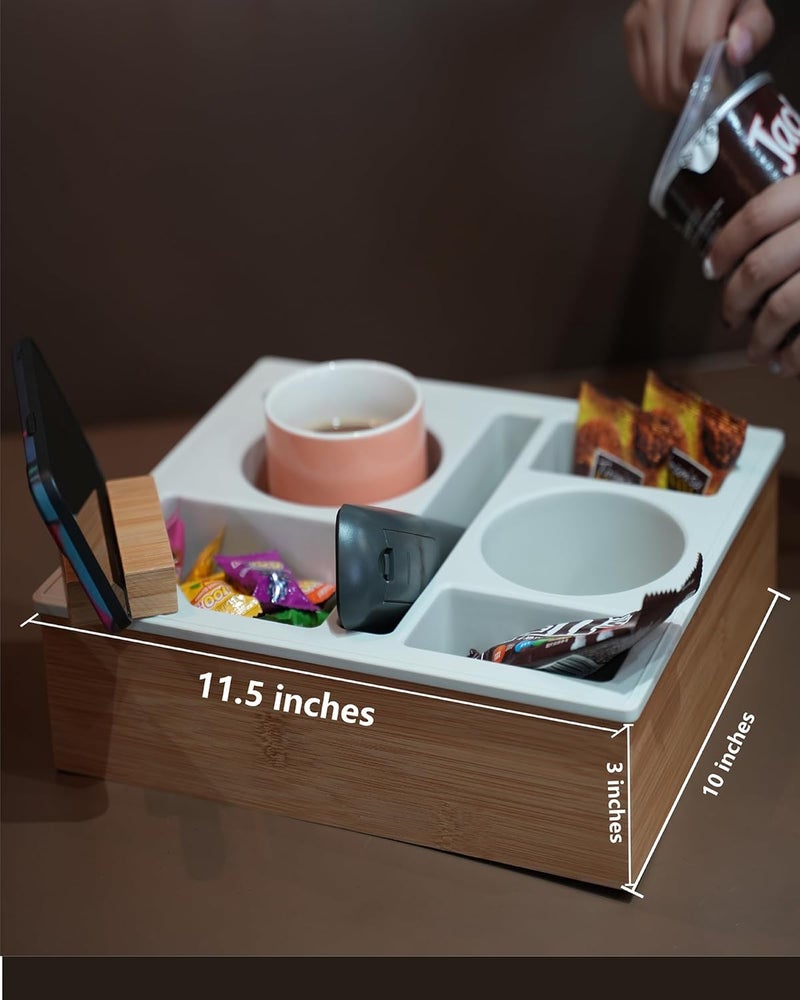 Hitseon Couch Cup Holder Tray Hitseon Silicone Bamboo Couch Caddy with Rotatable Phone Holder for Bed Car Seat Organizer Waterproof AntiSpill Couch Drink Holder for Snacks Beverage Remote Black - Image 2