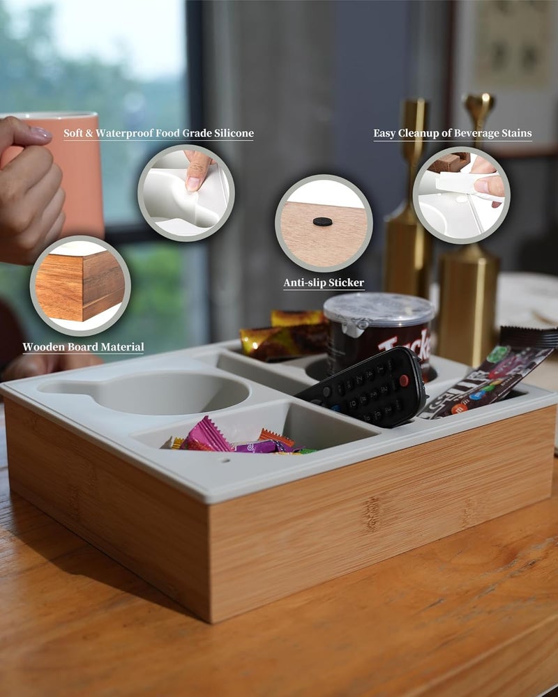 Hitseon Couch Cup Holder Tray Hitseon Silicone Bamboo Couch Caddy with Rotatable Phone Holder for Bed Car Seat Organizer Waterproof AntiSpill Couch Drink Holder for Snacks Beverage Remote Black - Image 4