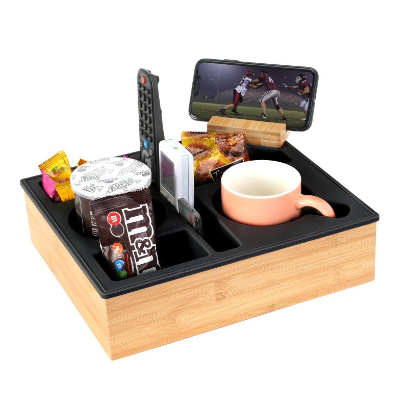 Hitseon Couch Cup Holder Tray Hitseon Silicone Bamboo Couch Caddy with Rotatable Phone Holder for Bed Car Seat Organizer Waterproof AntiSpill Couch Drink Holder for Snacks Beverage Remote Black - Image 1