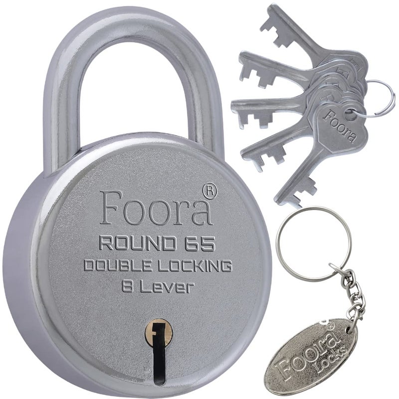 Foora New Round 65mm Lock Metal Body Double Locking 8 Steel Lever 5 Silver Keys with Keychain Silver Finsih Made in India Export in USA Canada - Image 1