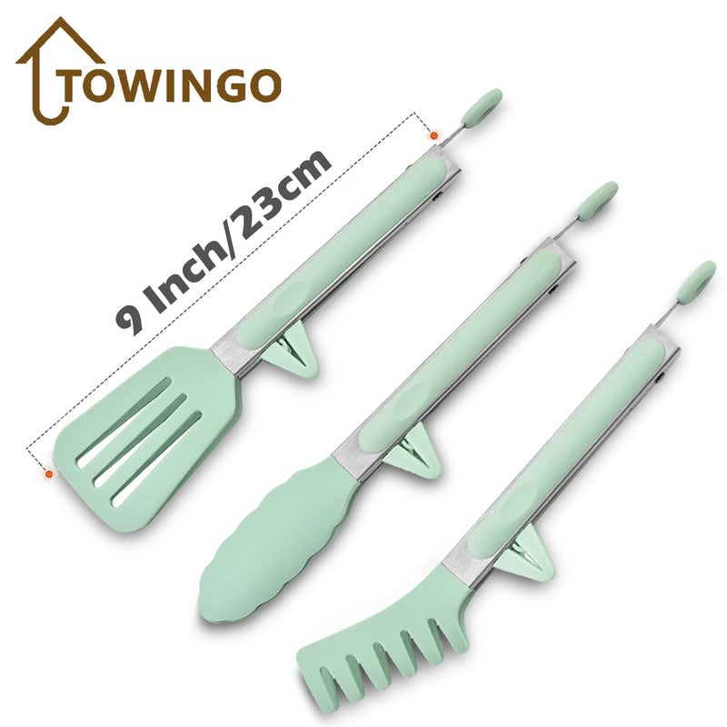 TOWINGO Kitchen Tongs for Cooking, 9 Inch Small Silicone Tongs, Food Grade Mini Serving Tongs with Silicone Tips, Set of 3, Green - Image 5