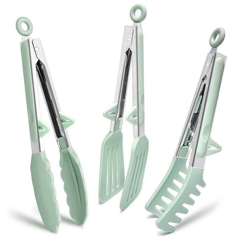 TOWINGO Kitchen Tongs for Cooking, 9 Inch Small Silicone Tongs, Food Grade Mini Serving Tongs with Silicone Tips, Set of 3, Green - Image 1