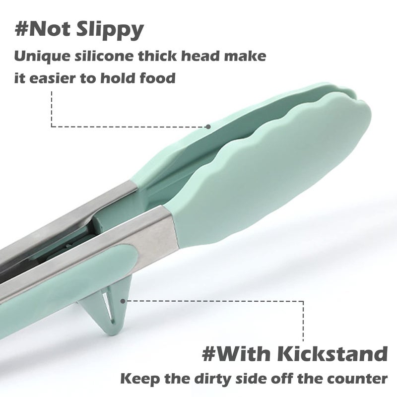 TOWINGO Kitchen Tongs for Cooking, 9 Inch Small Silicone Tongs, Food Grade Mini Serving Tongs with Silicone Tips, Set of 3, Green - Image 2