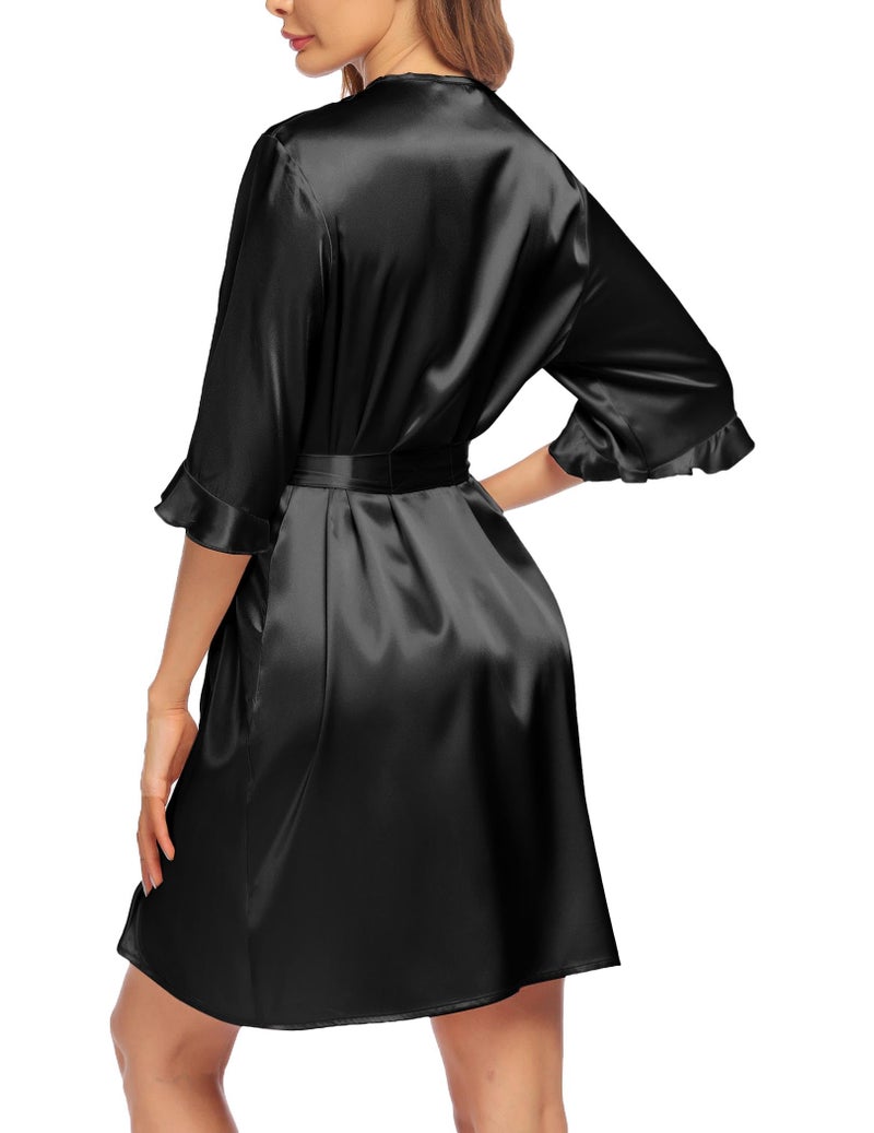 Ekouaer Women's Satin Robe Valentines Lingerie for Women Kimono Bathrobe 3/4 Sleeve Ruffle Belted Robes Bridesmaids - Image 3