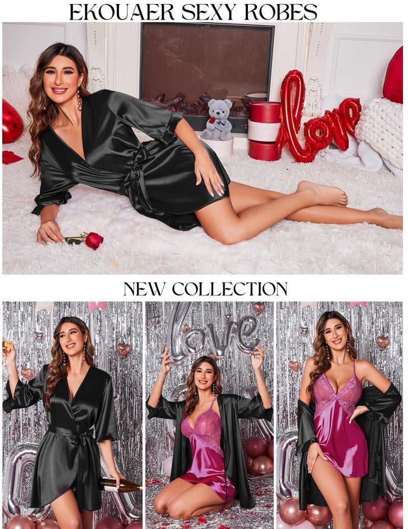 Ekouaer Women's Satin Robe Valentines Lingerie for Women Kimono Bathrobe 3/4 Sleeve Ruffle Belted Robes Bridesmaids - Image 4