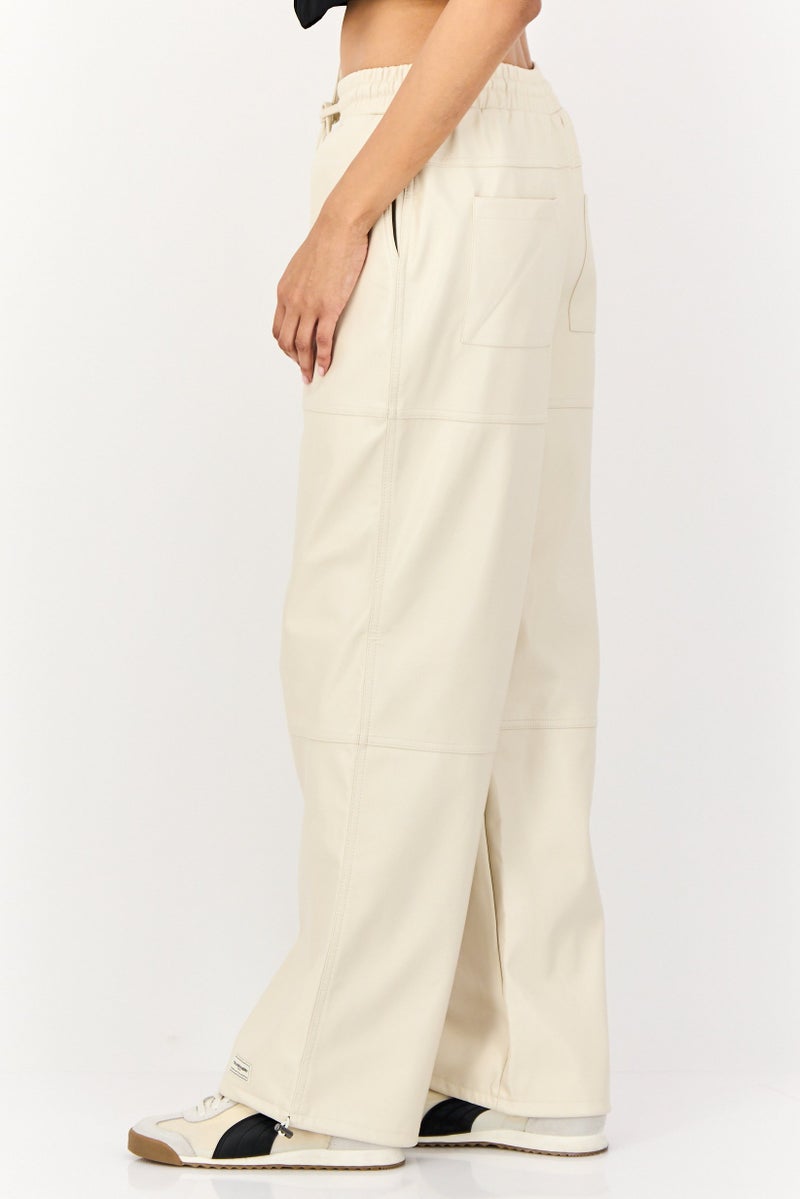 The Giving Movement Women Regular Fit Plain Leather Jogger Pants, Cream - Image 4