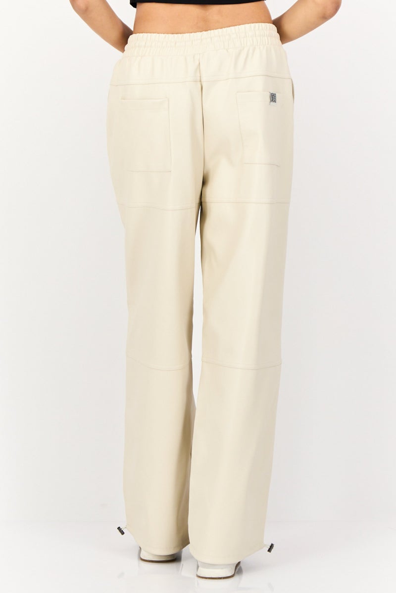 The Giving Movement Women Regular Fit Plain Leather Jogger Pants, Cream - Image 2