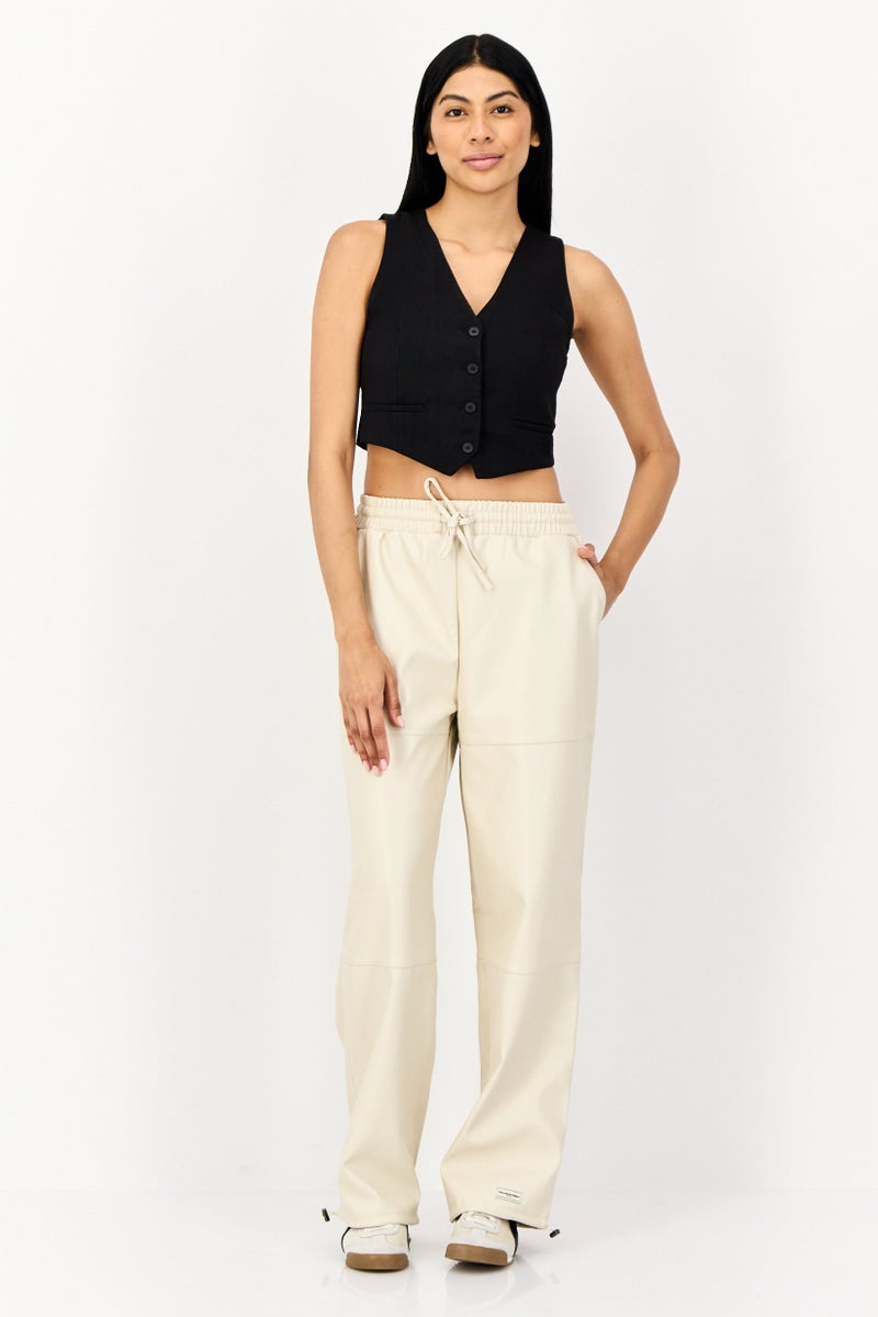 The Giving Movement Women Regular Fit Plain Leather Jogger Pants, Cream - Image 3